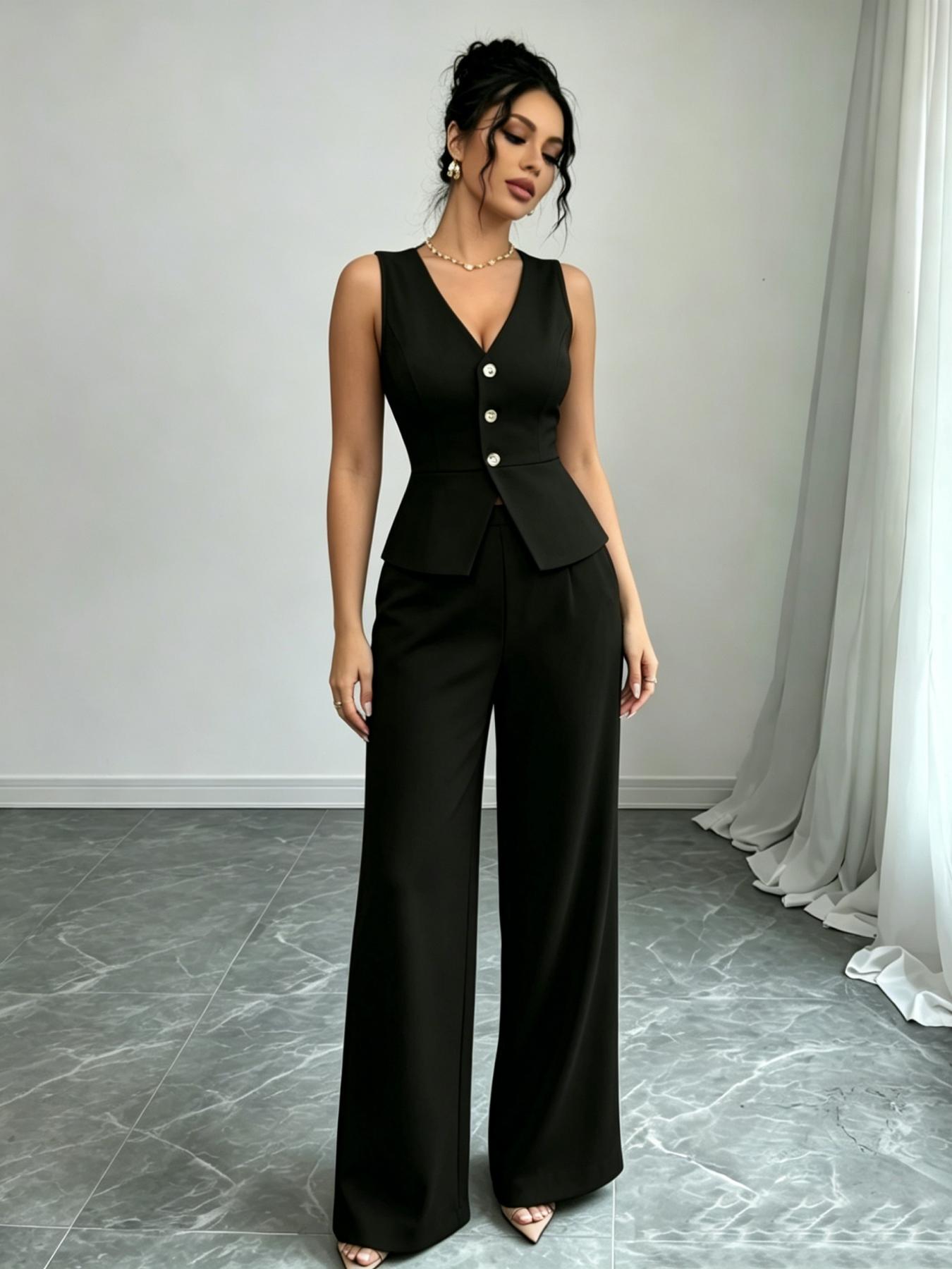 YYT1 A women's Chic Sleeveless Vneck luxury waist cinched Fitted suit vest set, Pants Top Set, same color scheme, suitable commuting, shopping, outdoor activities, Fitted clothing set
