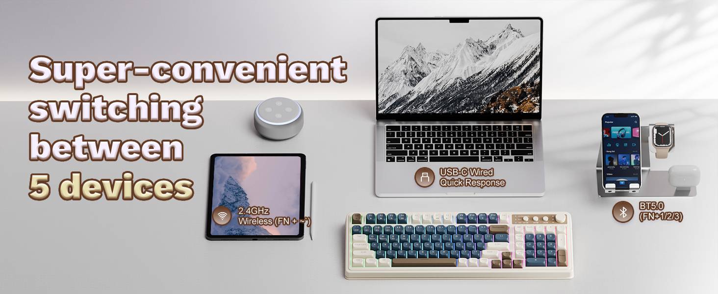 【TOP】AULA S99 Key Keyboard, Tri-Mode Bluetooth/2.4GHz/USB-C Cute Creamy Gaming Keyboard with Number Pad RGB Backlit, Media Knob Custom Mechanical Feel Computer Keyboard for MAC Xbox PC Gamer -Fixed Keycaps & Switches (Non-Replaceable)