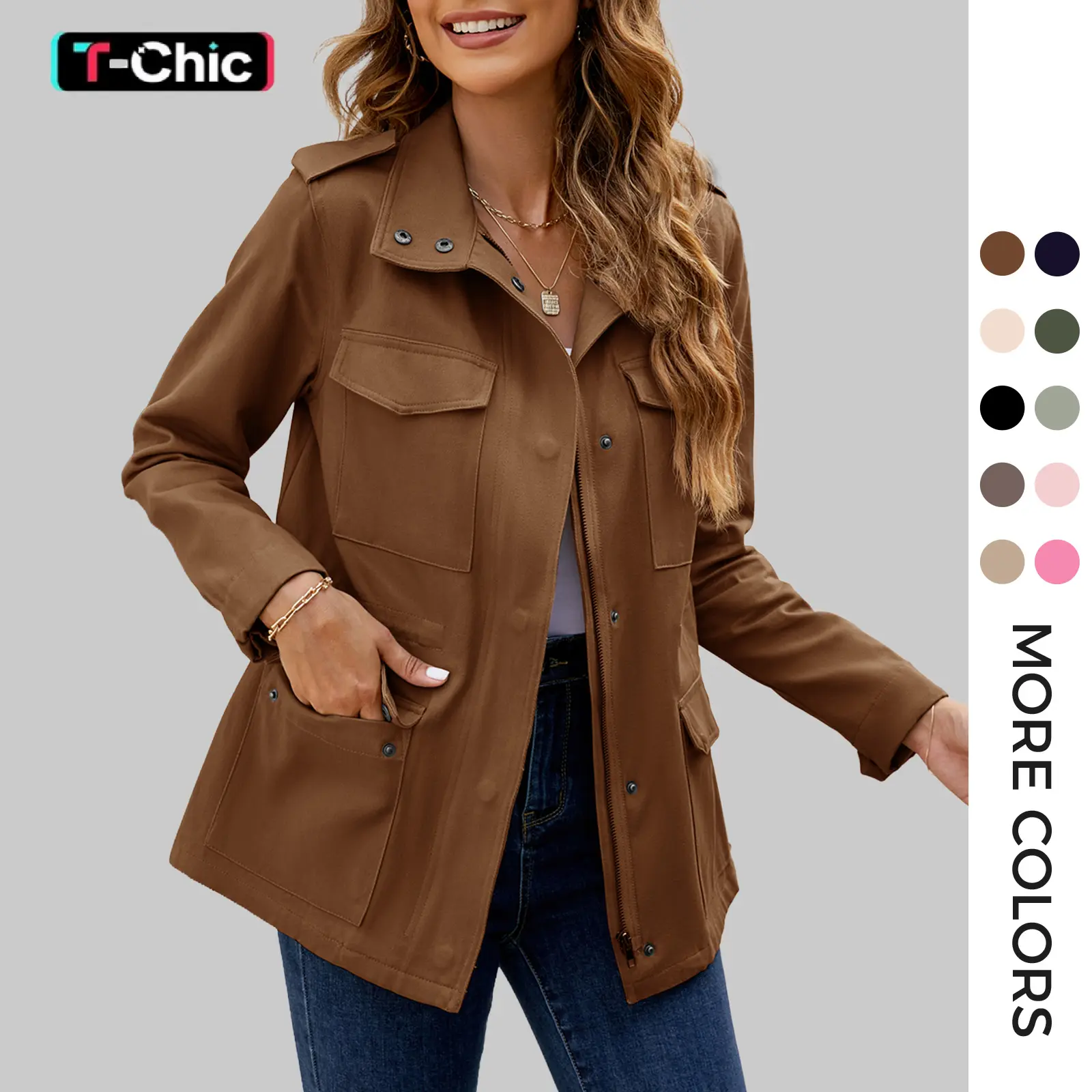 Tankaneo Womens Military Jacket Zip Up Snap Buttons Lightweight Utility Anorak Field Safari Coat Outwear