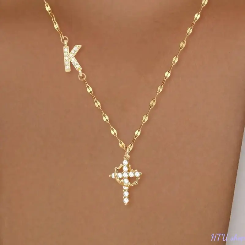 Women's Gothic Stainless Steel Zircon Cross Crown Statement Necklace - Hypoallergenic, Non-Tarnish, Tarnish-Proof, Double-Length Religious Jewelry, 17.71+1.96in (45+5cm) for Gothic Street Style, Religious Cross Pendant