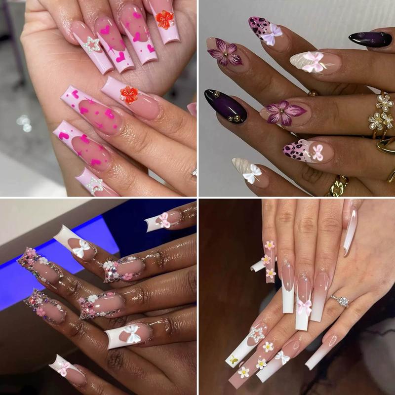 1Box Dopamine Colored Resin Flower Bow Nail Charms Semi-circular Rhinestones Pearl Mini Shell Feather Flakes Mixed Nail Decor DIY Elegant Rhinestone Decorated