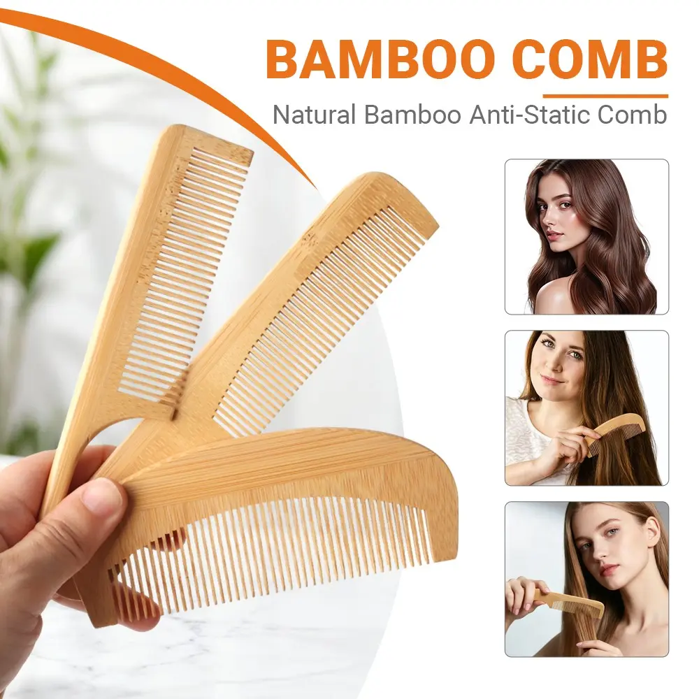 3pcs Handmade Bamboo Hair Comb Set, Wide & Fine Tooth Brushes, Detangling, Styling, Heat Resistant, for All Hair Types