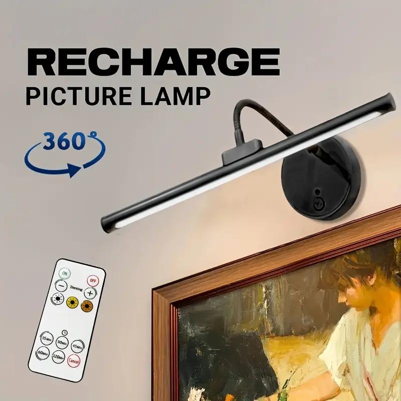 1pc Adjustable Dimmable Picture Light with Remote Control and Timer, Gold, USB Rechargeable Wall Light for Gallery Art, Paintings, Portraits, Dimmable Wall Lamp