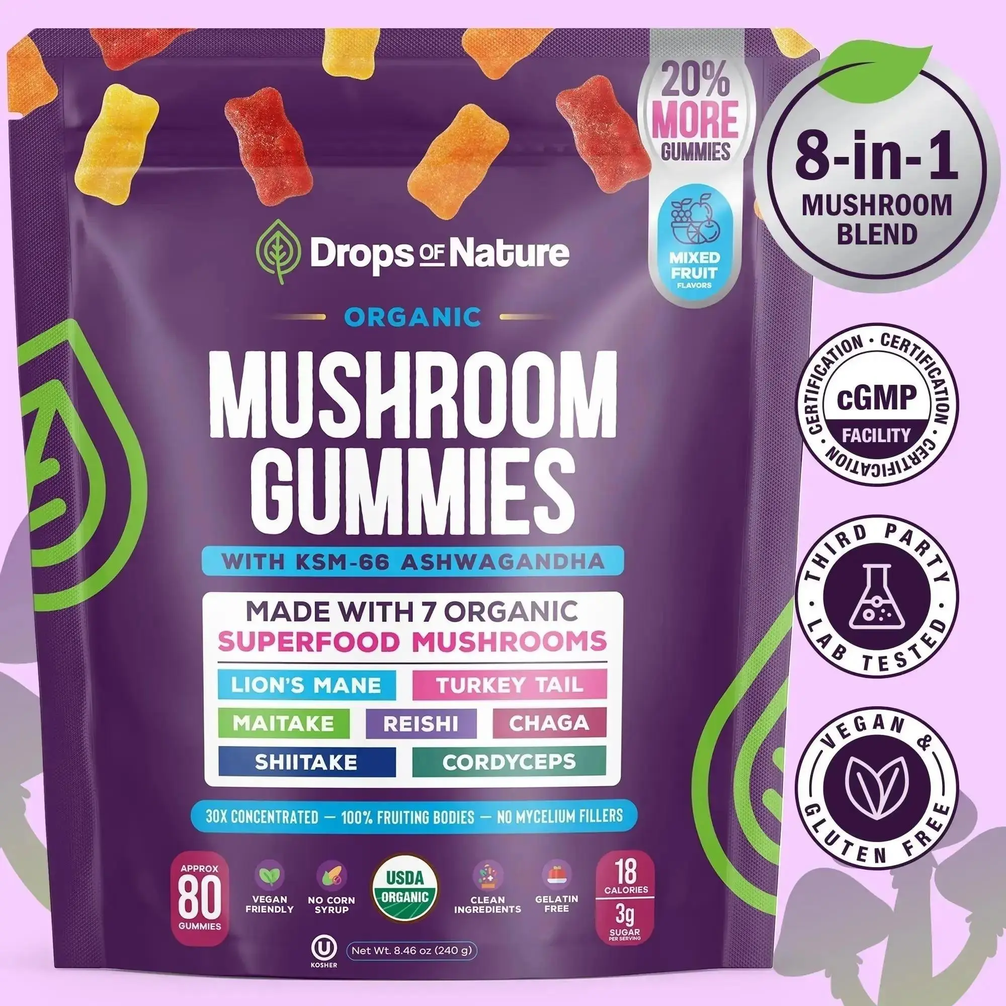 Upgraded versionDrops Of Nature Mushroom Gummies| Ashwagandha KSM-66, Lion's Mane, Shiitake, Turkey Tail, Reishi, Maitake, Chaga, Cordyceps| Vegan Mushroom Supplement| Mixed Fruit, 80 Gummies