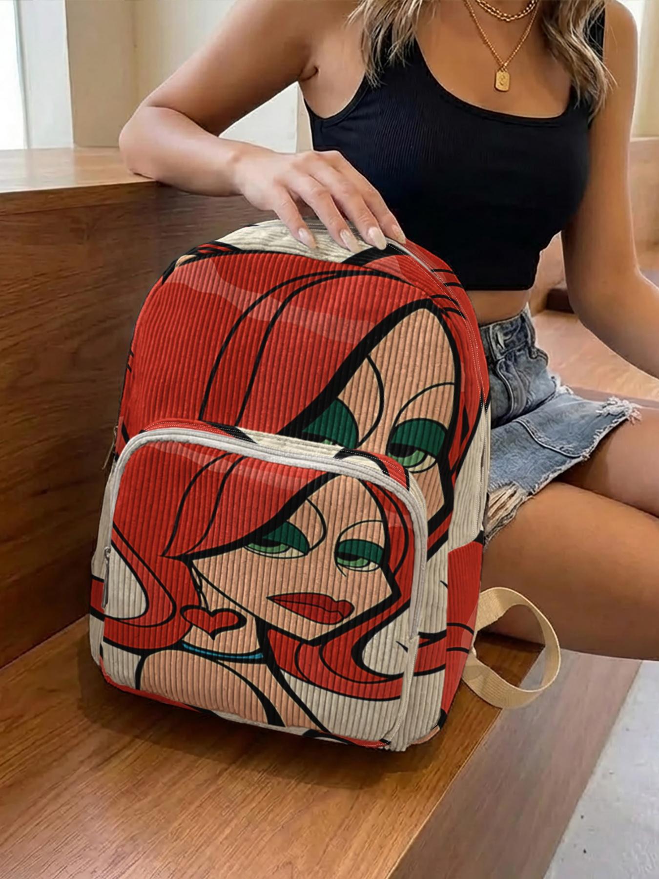 1 piece of 2D printed lady's backpack with red-haired character pattern, chenille texture + layered storage + lightweight and easy to carry|Perfect for students to go to class/shopping/short trips|Combines atmosphere with practicality