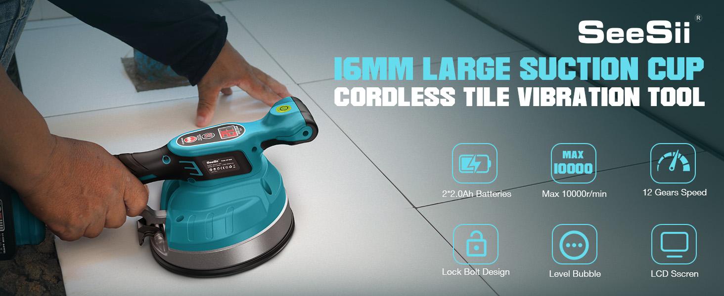 SEESII KP-160B Tile Vibration Tool, Cordless Tile Vibration Leveling Machine with 2×2000mAh Batteries, 160mm Large Suction Strong Grip, 12-Speed Adjustable Tile Tools for Floor/for the Pro and DIY fathersdaygift Outdoorfun