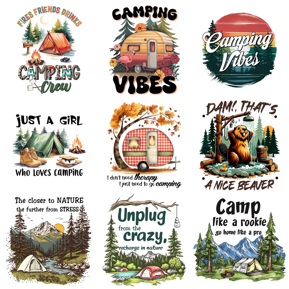 9 Pcs Camping Vibes Just A Girl Unplug Crazy Camp Like Nature Stress Beaver Nice Friends Drinks Therapy Camping Rookie Pro Iron on Transfers Press Washable Stickers Washable heat transfer stickers DTF Transfers Ready for clothing,