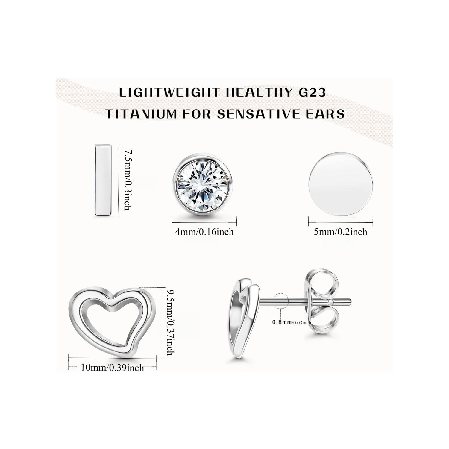 20G Titanium Earrings Studs for Sensitive Ears, Hypoallergenic Implant Grade Titanium Stud Earrings for Women Men| Cz Bar Tiny Dot Heart Titanium Cartilage Earring Nap Sleeper Piercing Earrings Mens Earrings Set