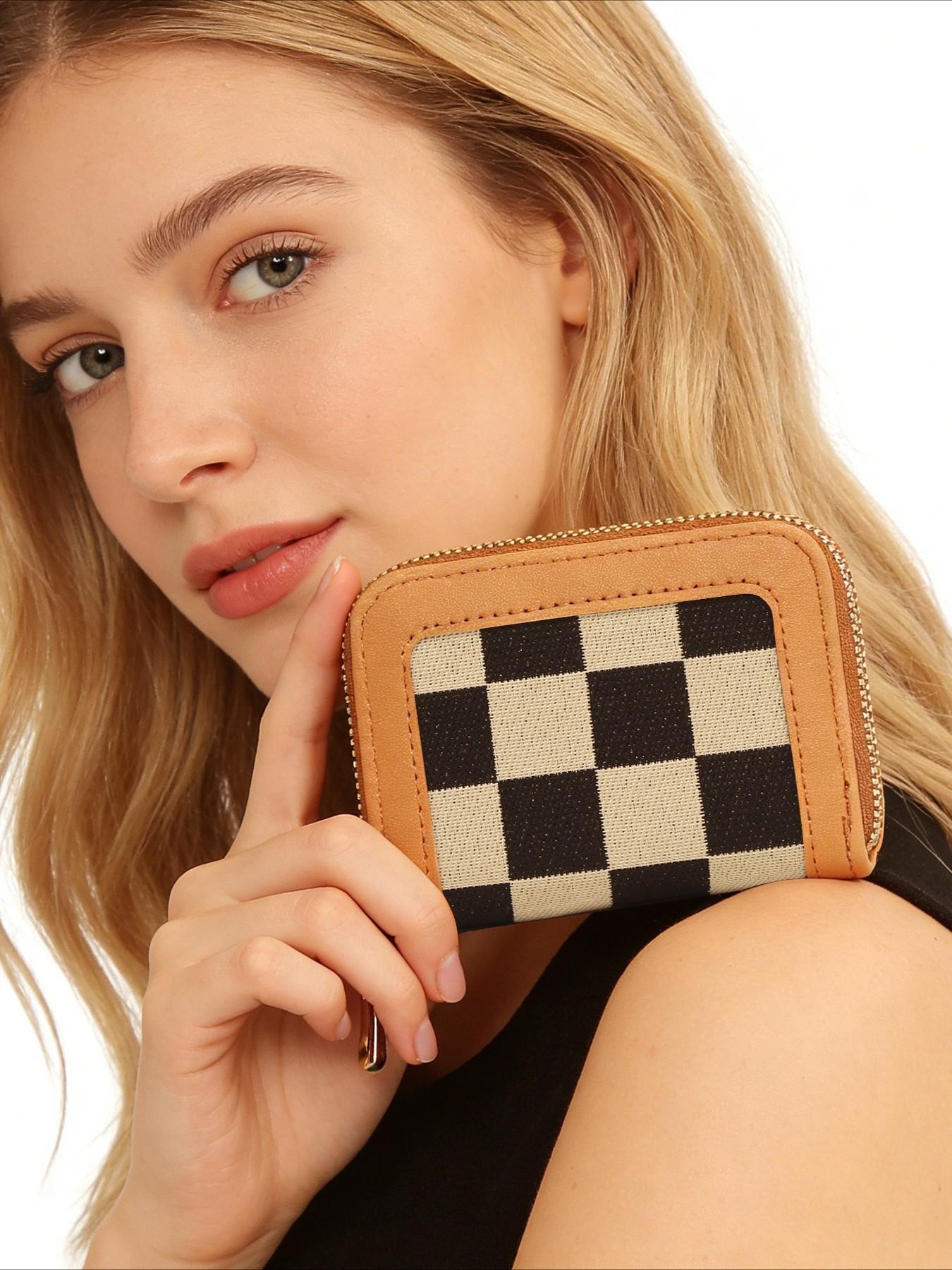 Checkered Color Block Women's Wallet, Large Capacity, High-End Two-Fold Multi-Card Slot, Coin Purse, Fashionable Ladies' Accessory