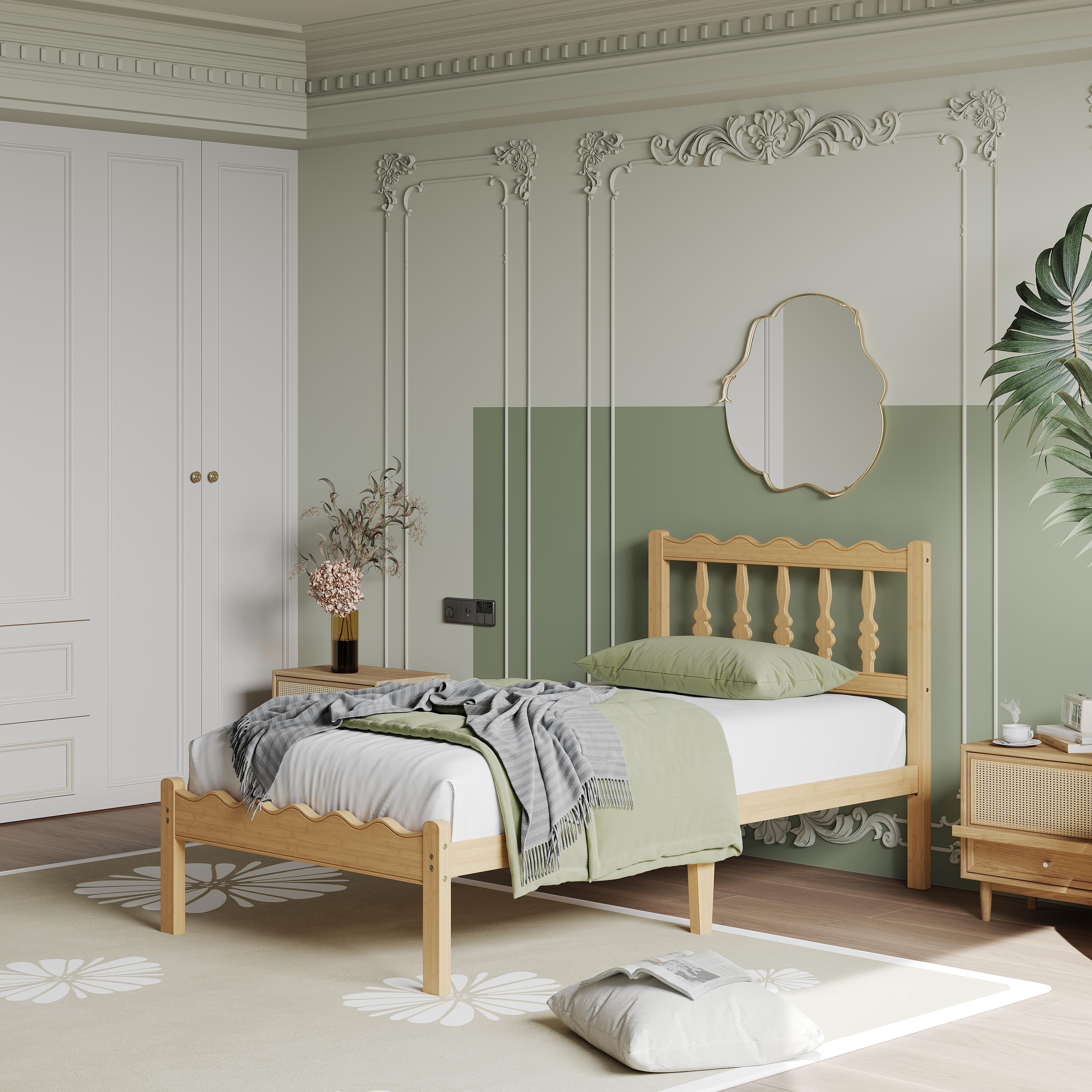 Aardhen Modern Platform Bed Frame with Wavy Headboard 14in Height No Box Spring Needed Easy Assembly with Metal Slats for Silent Stability