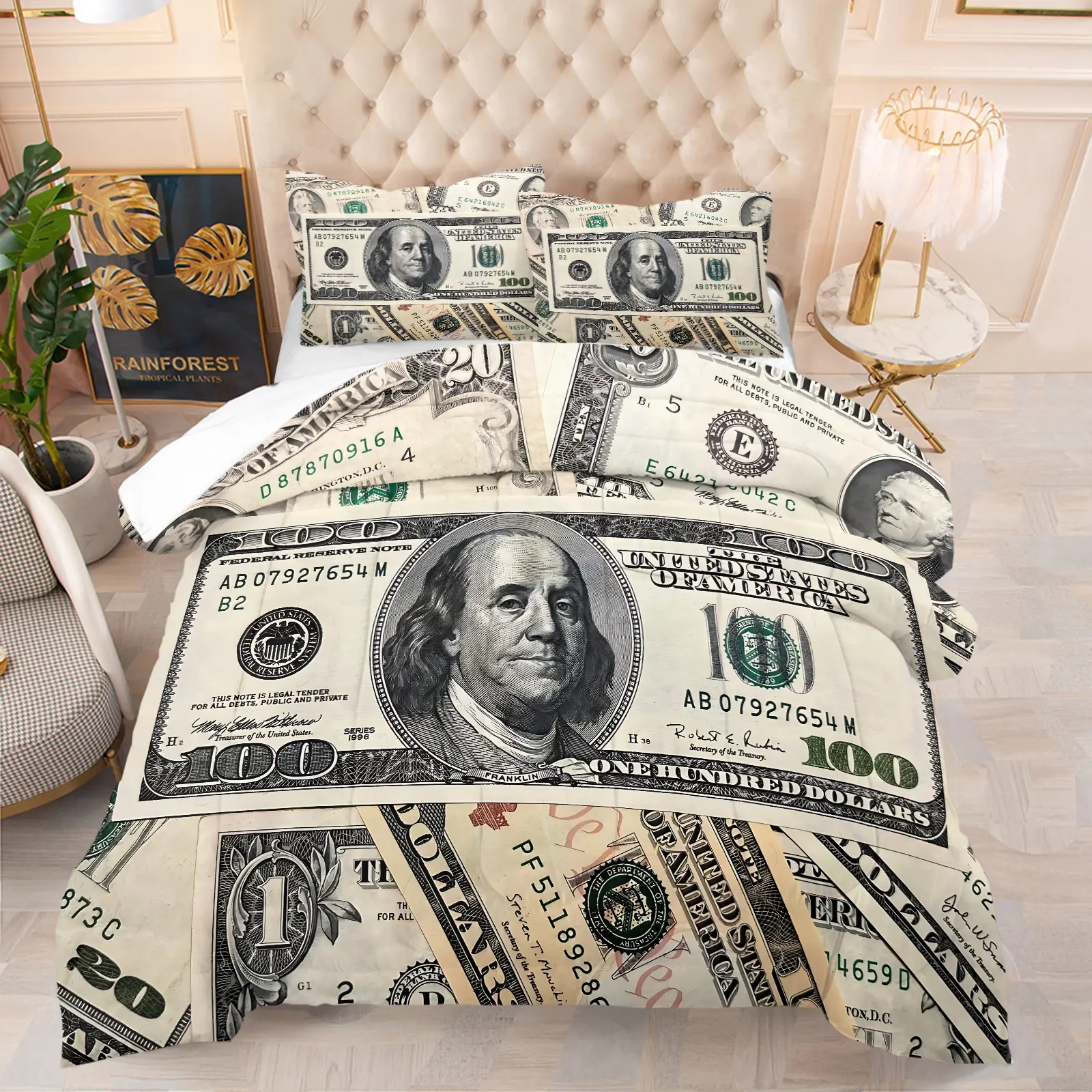 2pcs/3pcs 100 US dollars Theme Decorative Bedding Set, 4 Styles to Choose From, USD Pattern Printed Comforter Set, Bed Sets, Suitable for Men and Women, Bedroom and Room Decoration, Soft and Comfortable, Including 1 Quilt and 1/2 Pillowcase
