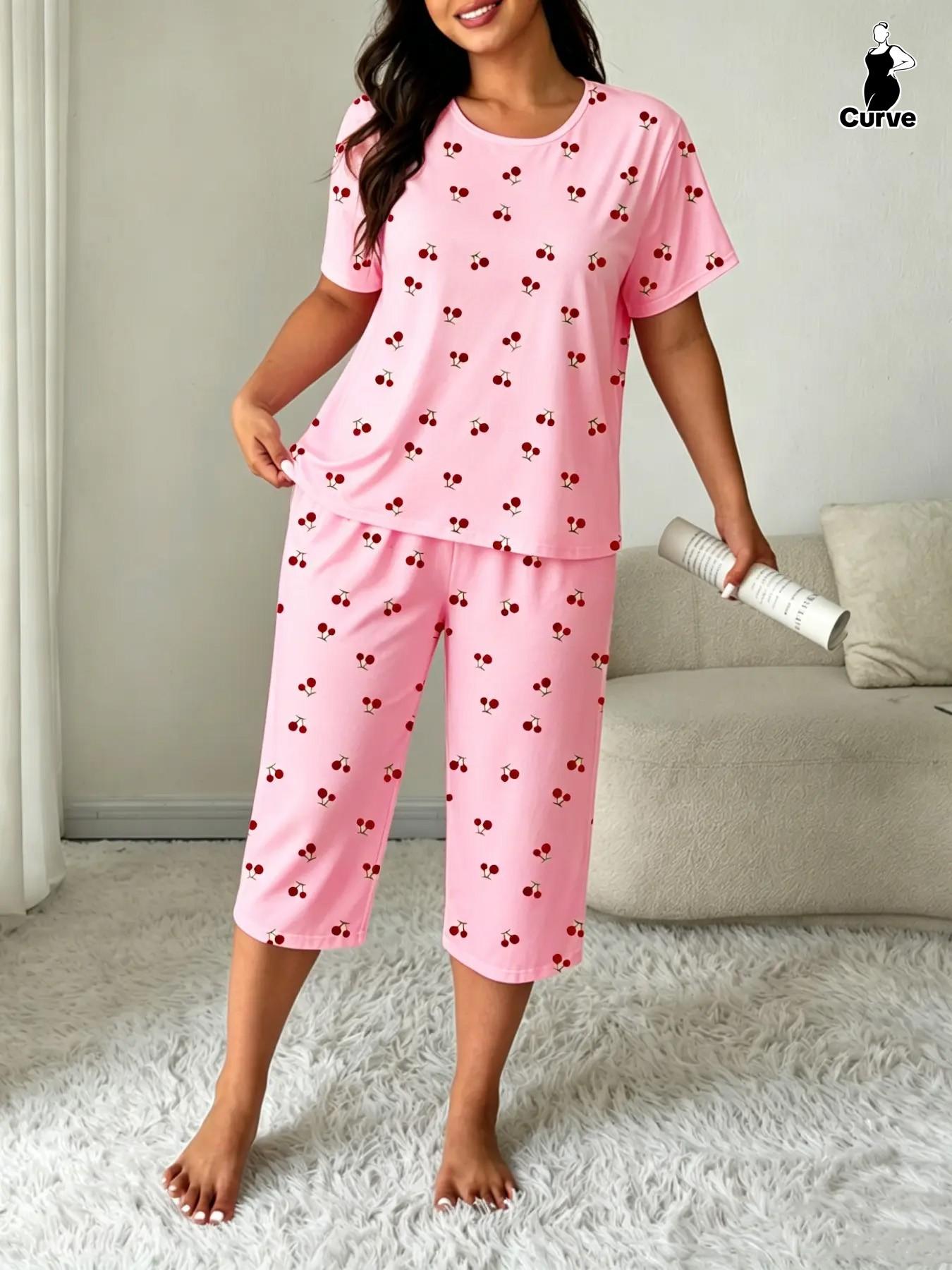 Plus-Size Women's Cherry Print Round Neck Short Sleeve Top and Capri Pants Set, Casual Pajamas Set, Comfortable Sleepwear Plus-Size Women's Cherry Print Round Neck Short Sleeve Top and Capri Pants Set, Casual Pajamas Set, Comfortable Sleepwear