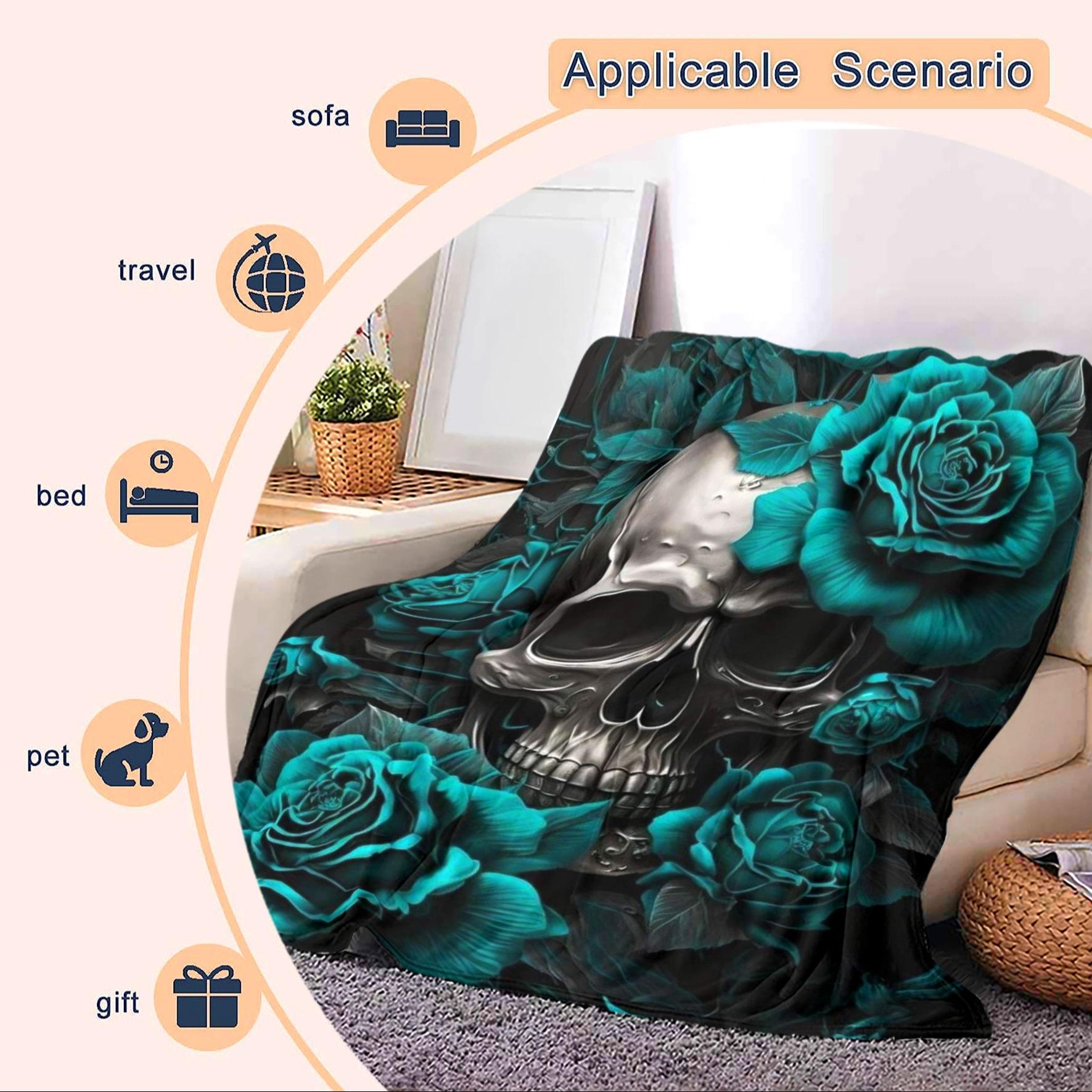 Skull & Rose Pattern Blanket, Soft Warm Throw Blanket, Cool Bedroom Bedding Blankets, Warm Napping Blanket for Home Office Travel