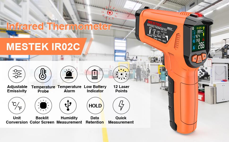 MESTEK Infrared Thermometer Gun, Non Contact Digital Laser Thermometer Temperature Gun with Color LCD for Cooking, Home Repairs, Humidity Measurement, Adjustable Emissivity -58°F to 1472°F(-50~800°C)