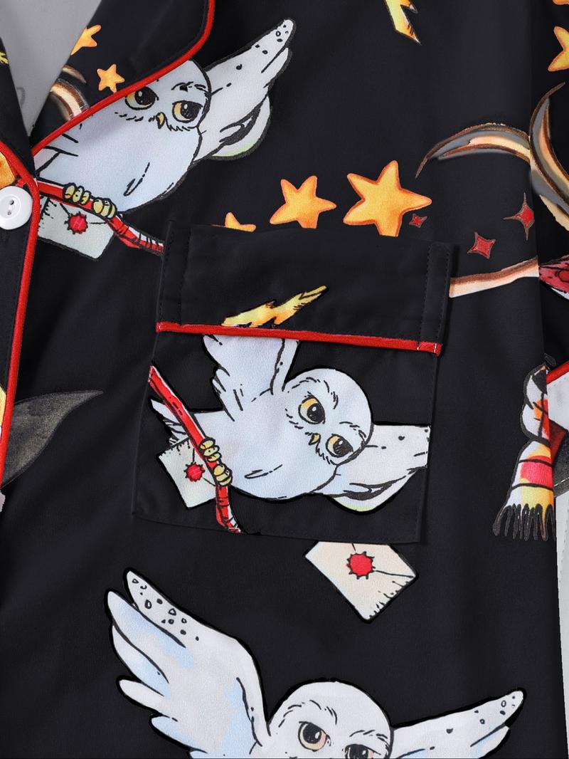 Women's Owl Print Short Sleeve Top & Elastic Waist Shorts Pyjama, Casual Comfy T-shirt & Shorts PJ Set, Ladies Sleepwear for Summer, Loungewear, Pajama Set