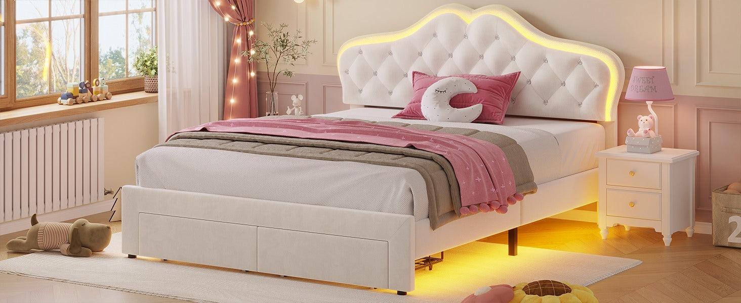 Sikaic Full Size Velvet Princess Platform RGB LED Bed with Storage Drawers and Adjustable Crystal Button Headboard Creamy Furniture Luxury Design Cute