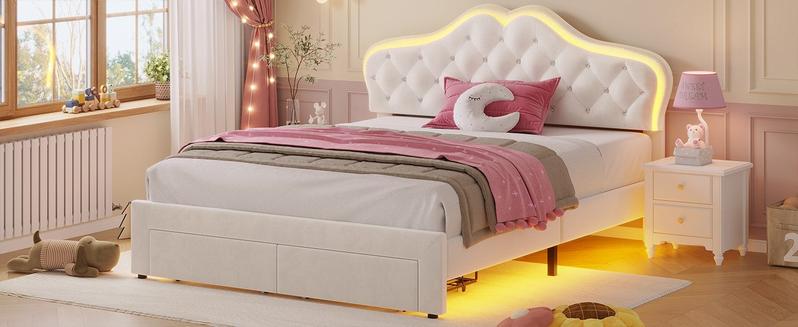 Sikaic Full Size Velvet Princess Platform RGB LED Bed with Storage Drawers and Adjustable Crystal Button Headboard Creamy Furniture Luxury Design Cute