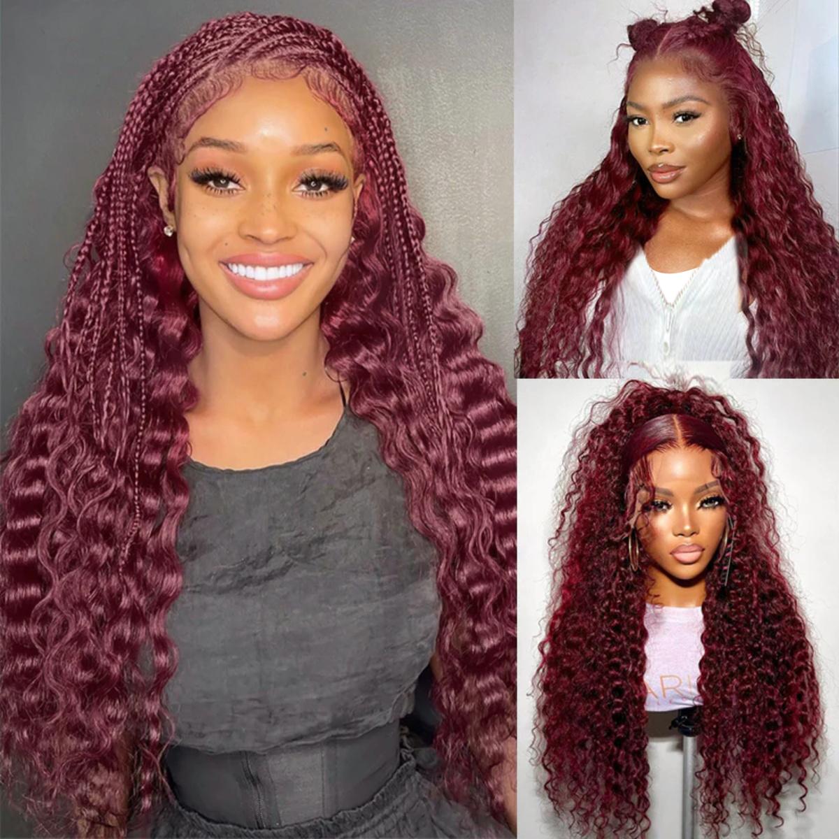 【26‘’ Burgundy Deep=$140】Tahikie 99J Burgundy Colored 200% Density Deep Wave 13x6 Full Frontal HD Lace Front Curly Wave FB30 Highlight /Natural Black Human Hair Wigs For Women TikTokShopBlackFriday