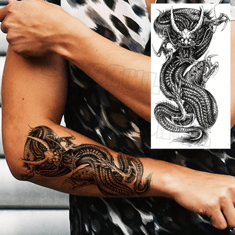 8 Sheets 3D Tribal Wolf Lion Tiger Temporary Tattoos, Men Adult Half Arm Sleeve Tattoo, Dragon Gang Eyes Totem Fake Tattoo Stickers, Body Fake Tattoos