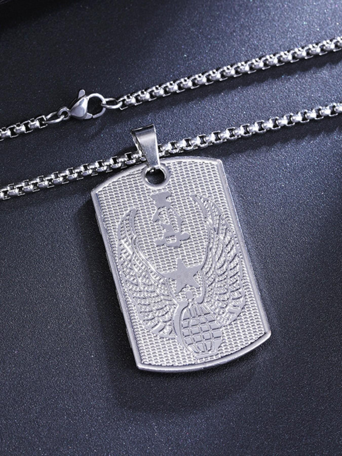 Unisex Hip-Hop Bold Brand Pendant Necklace, Stainless Steel Sweater Chain Jewelry, Trendy Military Badge Design, Fashion Accessory for Men and Women