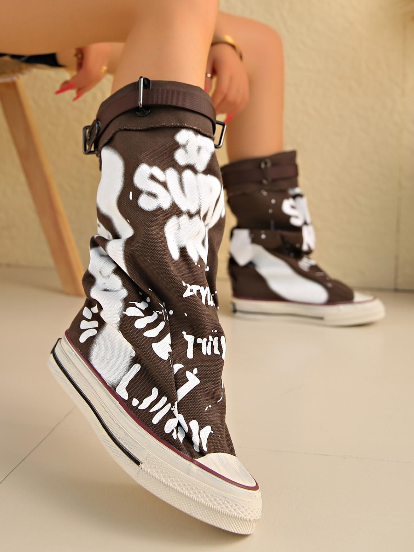 Meadow High Top Sneakers, Letter Graffiti + Buckle Design, Street Style Fullness, Fashionable PU Upper, Rubber Sole, All Seasons
