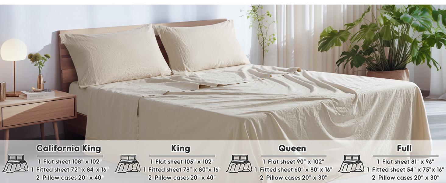 Sonoro Kate Pure French Linen Bed Sheet Set, King Size, 4 Piece, Breathable, Durable, Cooling, Machine Washable, 16 Inch Deep Pocket