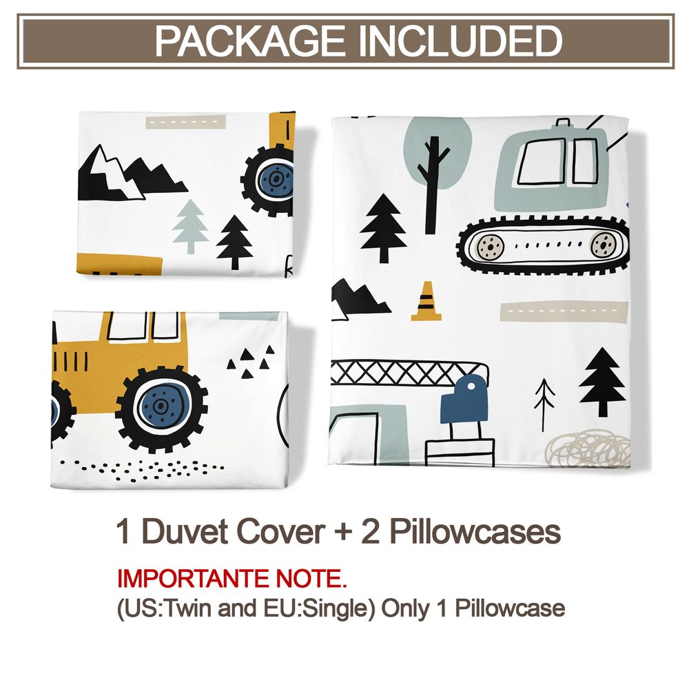 2/3Pcs Kids Construction Duvet Cover Set, Cute Cartoon Trucks Bedding Set, Boys Bedroom Decor Duvet Cover with Pillowcase, Soft Breathable Bedding for Toddler Kids Room No Fillers