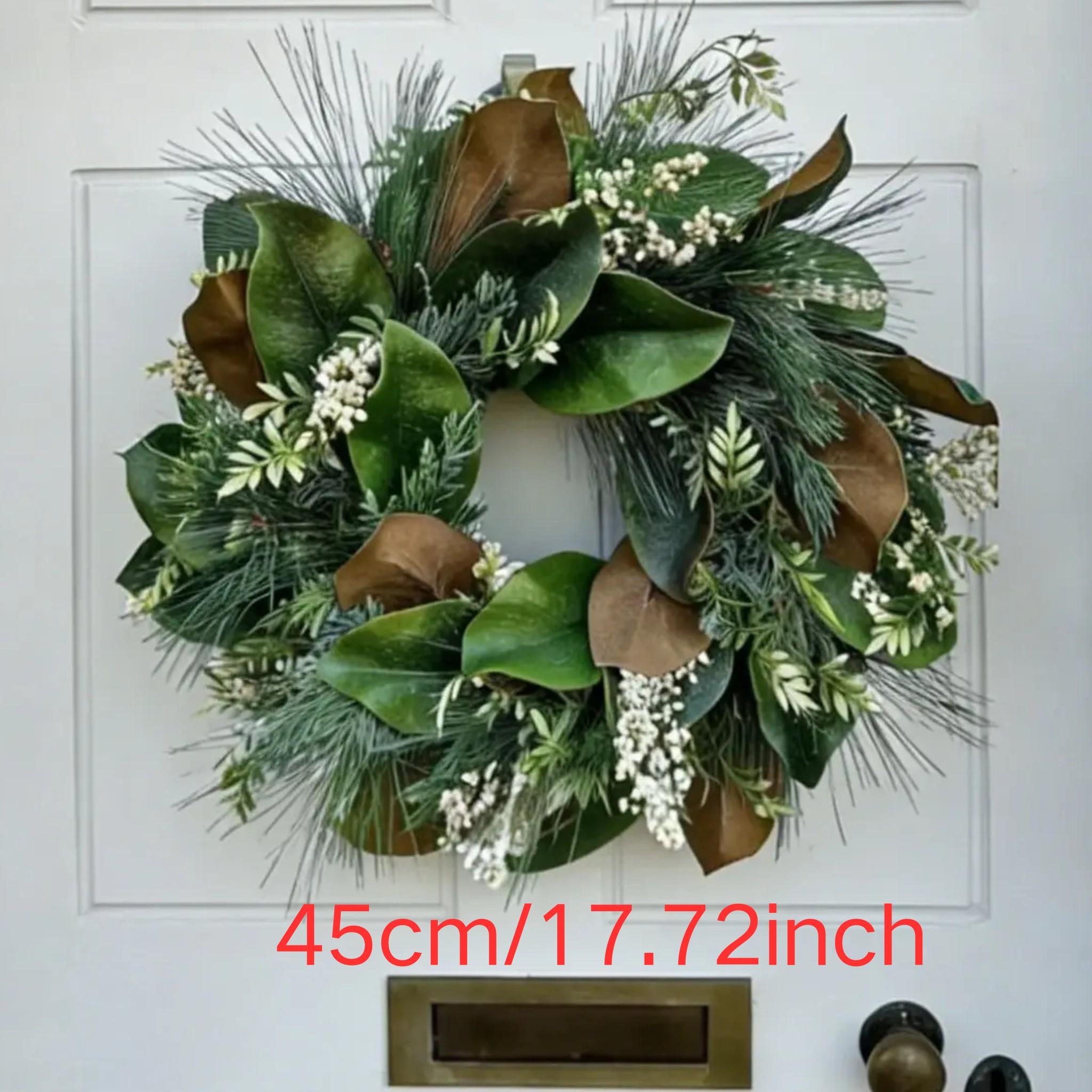 Realistic Magnolia Leaf Front Door Wreath, Summer Greenery Wreath with Pine Needles & Berries, Fall Thanksgiving Decor, All-Season Door Hanger