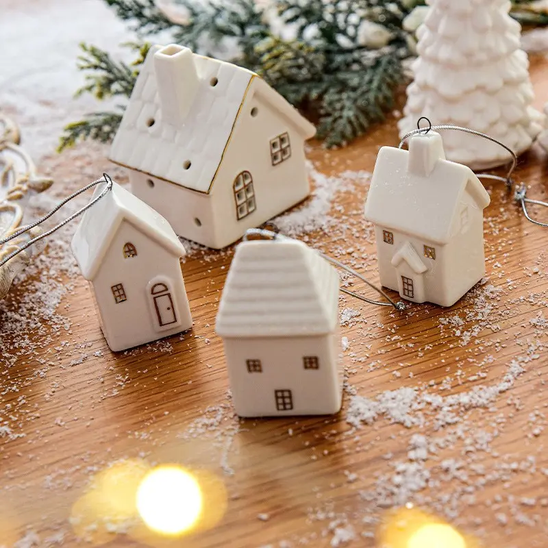 Christmas Ornament Set, Ceramic Mini House Snowman Handmade, 4pcs/8pcs Christmas Decoration Gift Box, Holiday Decorations