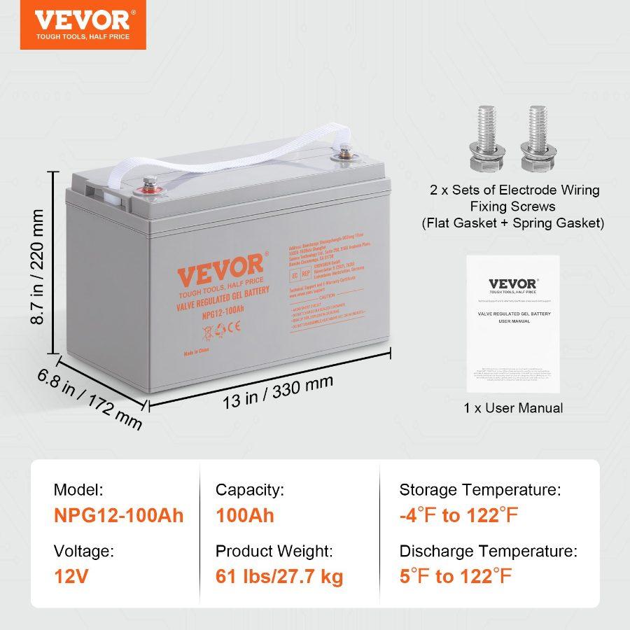 VEVOR 12V 100AH AGM Deep Cycle Batteries, 800A Low Self-Discharge Secondary Rechargeable Battery with Terminal Posts, for Boat, Solar Off-Grid Systems
