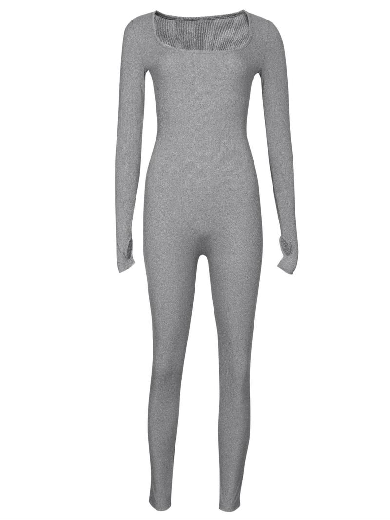 Women's Ribbed Thumb Hole Design Lounge Jumpsuit, Slim-Fitting Home Wear for All Seasons, Women's Loungewear Footed Jumpsuit