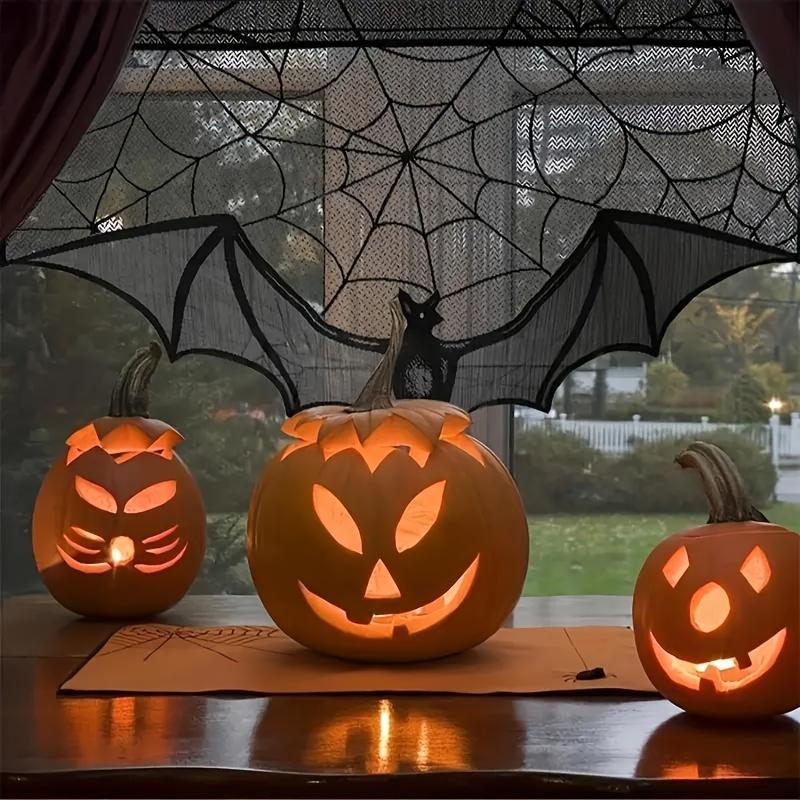 Spooky Bat & Spider Web Design Lace Curtain, 1 Count Gothic Style Short Curtain, Home Decoration Curtain, Window Screening for Home Living Room Bedroom, Halloween
