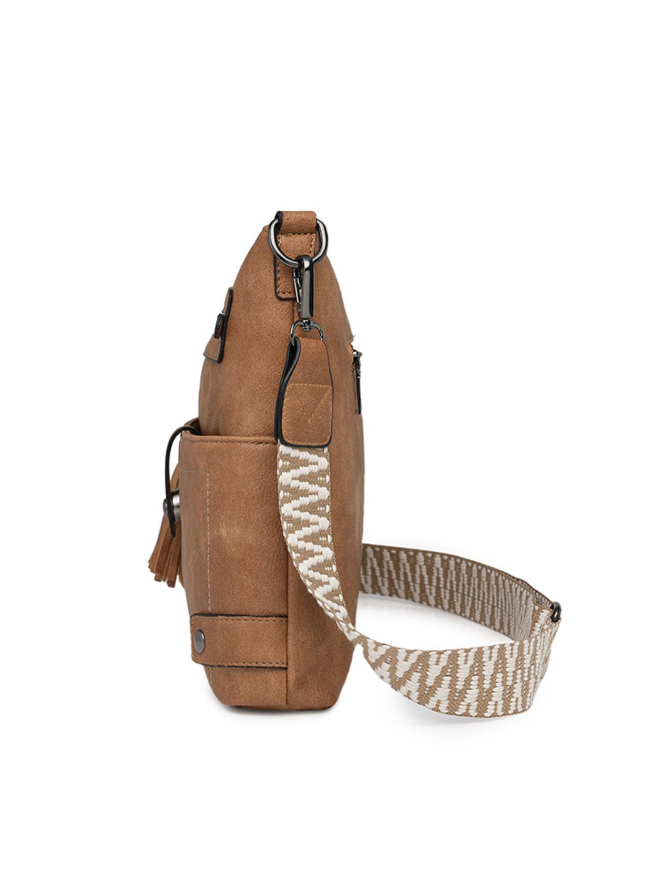 Vintage PU Crossbody Bag, Wide Strap Fringe Design, Large Capacity Shoulder Bag, Casual All-Season Tote, Multi-Layer Anti-Theft, Adjustable Strap