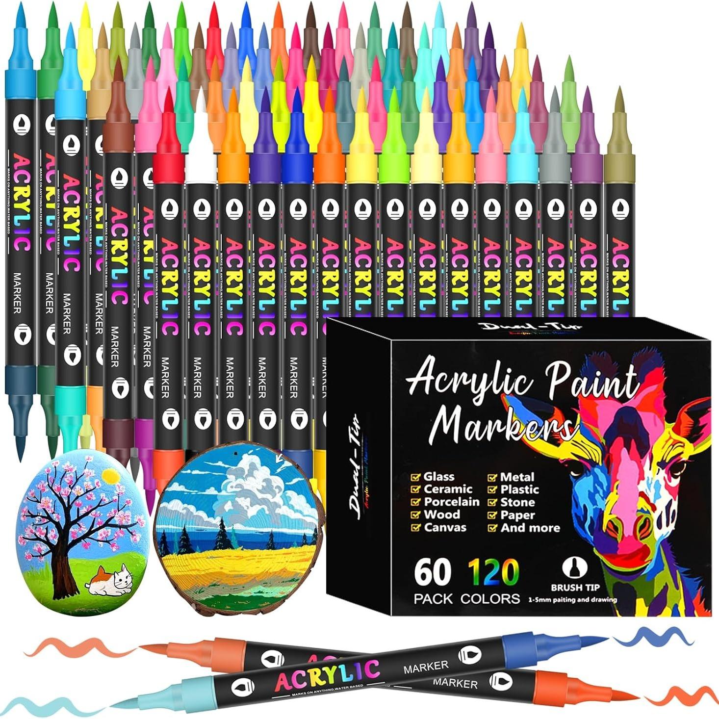 24/120 Color Acrylic Paint Markers, Art Markers Set, Dual Tip Set of 12-60 Pieces, Ideal for Rock Painting, Canvas, Wood, Glass, Ceramic, Fabric, Plastic