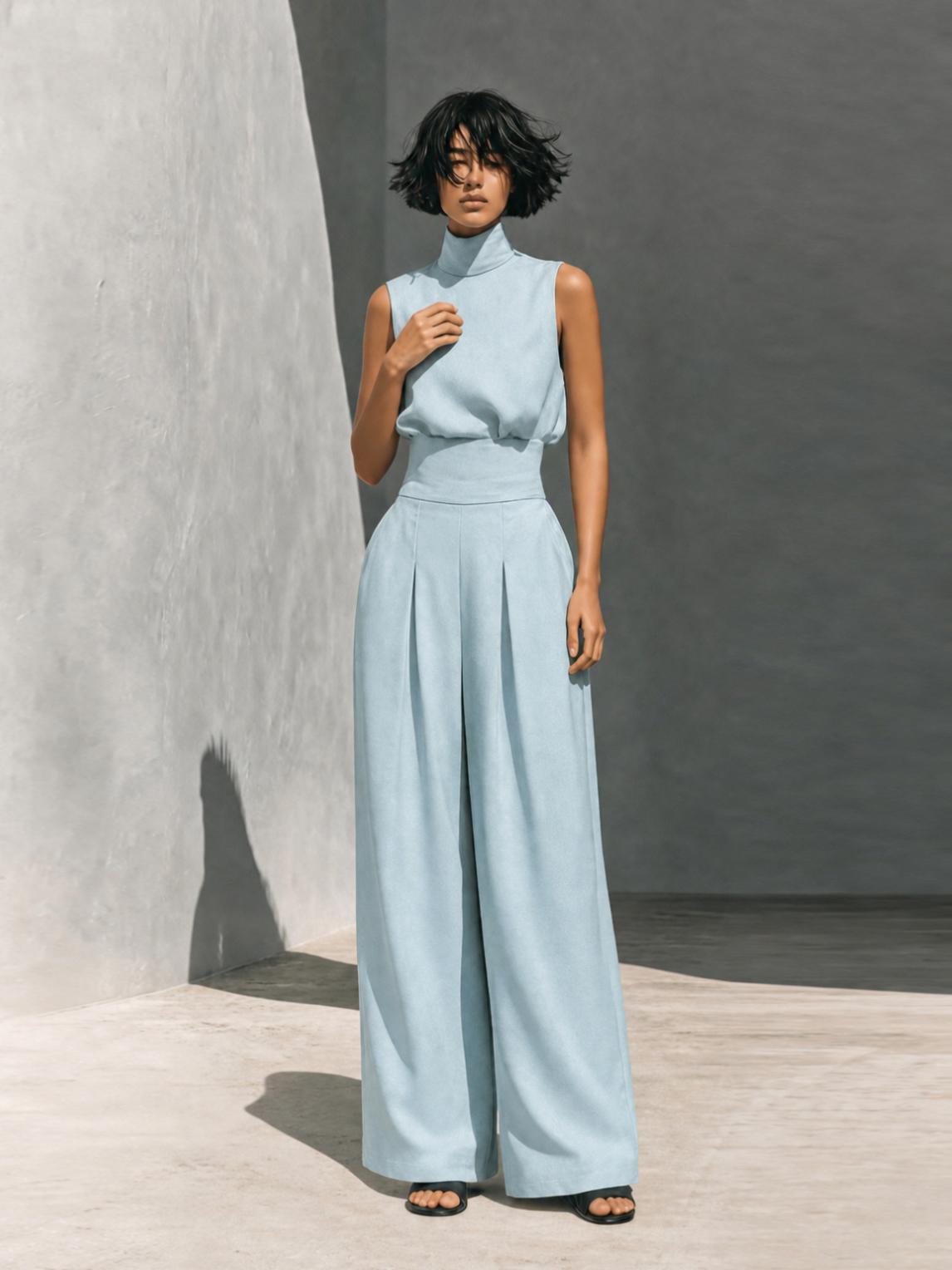 Elegant Lightweight Breathable High-Neck Sleeveless Two-Piece Loungewear Set for Women, High-Waisted Wide-Leg Pants with Pockets, Boho Style Home Sleepwear Suite Pajamas