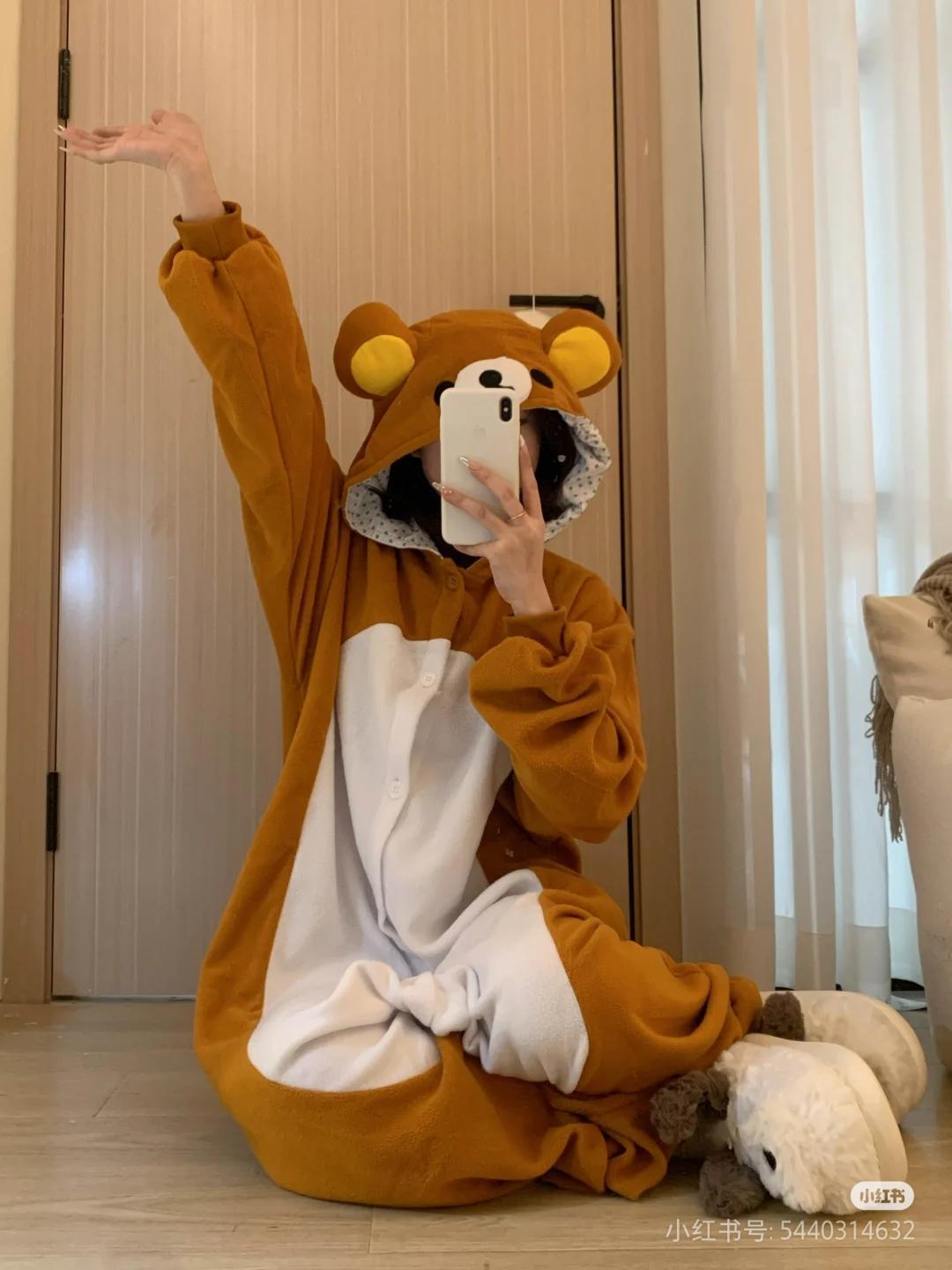 Adult Rilakkuma Kigurumi Bear Sister Onesie - Baggy Longsleeves Loose Polyester Anime Pajama, Oversized Cartoon Jumpsuit Nightwear & Loungewear