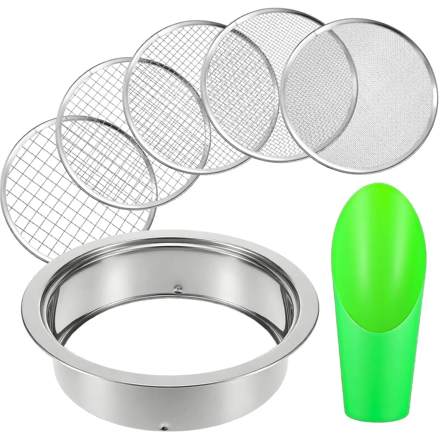 Stainless Steel Garden Soil Sifter Set with 5 Interchangeable Mesh 1/3/6/9/12mm and Soil Scoops for Compost, Sand, Bonsai, Rock, Filtration