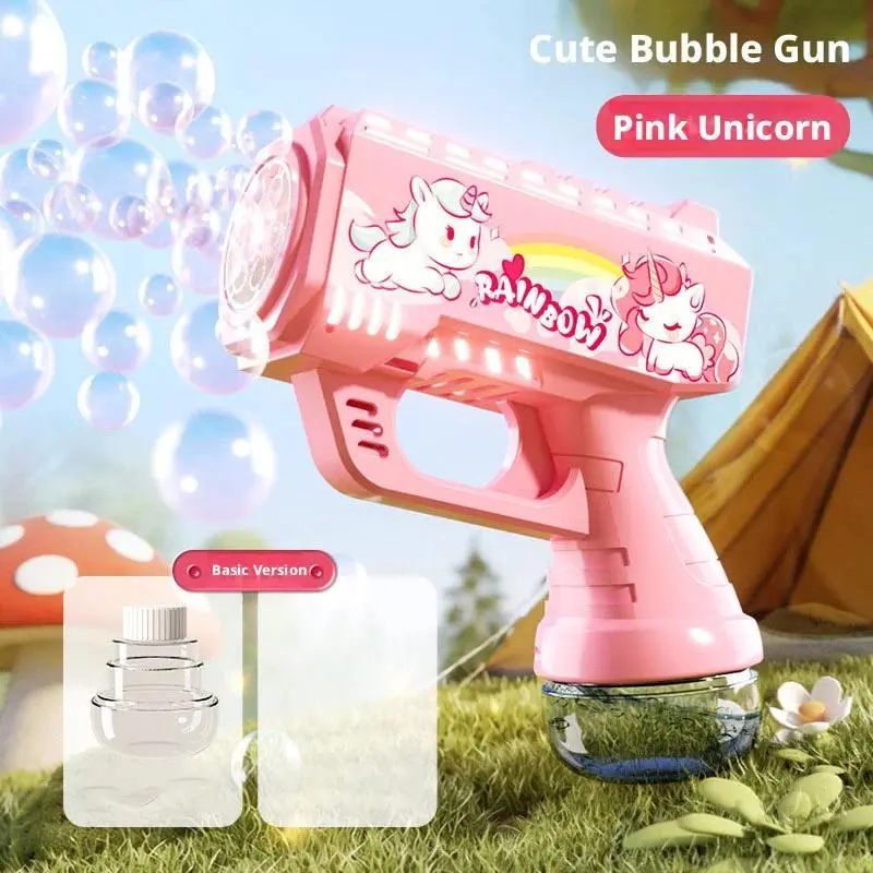 Unisex Unicorn Theme Porous Plastic Electric Bubble Gun - Automatic Soap Blower, Colorful Lights, Outdoor Summer Kids' Toy