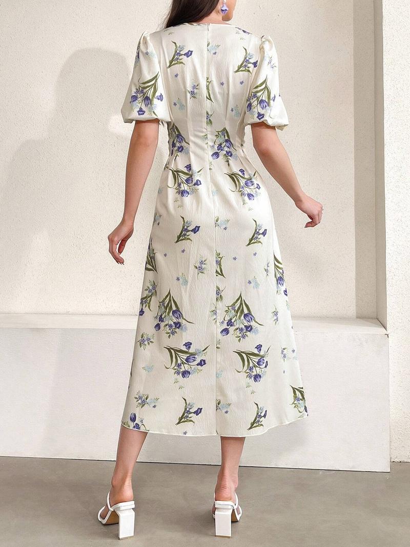 Women's Floral Print Puff Sleeve Dress, Elegant Short Sleeve A Line Dress for Party Holiday Wedding Guest, Ladies Clothes for All Seasons, Womenswear, Shortsleeve, Formal Dresses Women, Wedding Gown