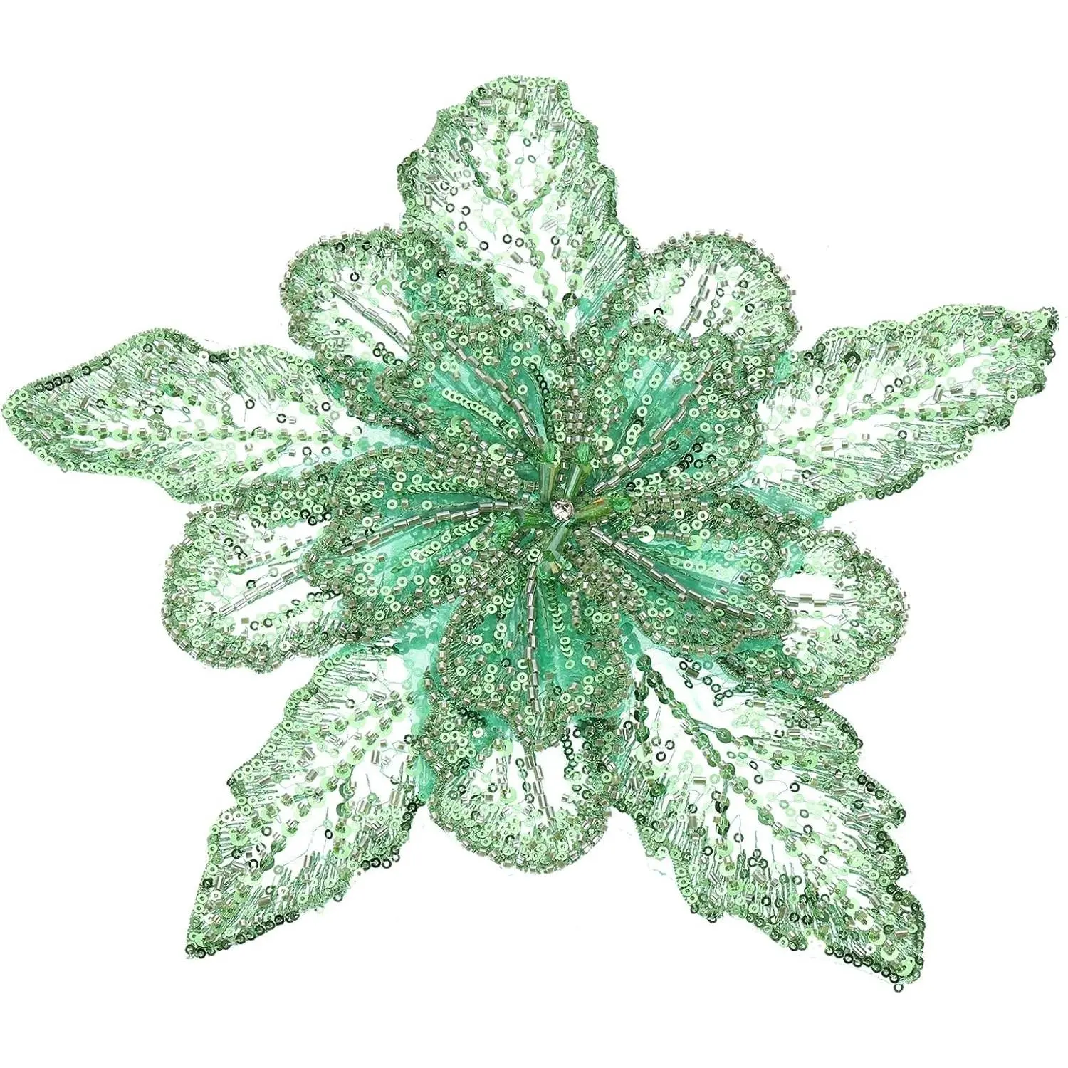 Handmade Rhinestones Applique, Flower Lace Patches with Sequin Beads Sew on Crystal Beaded Lace Applique for Wedding Dresses DIY Clothes Craft, Grass Green
