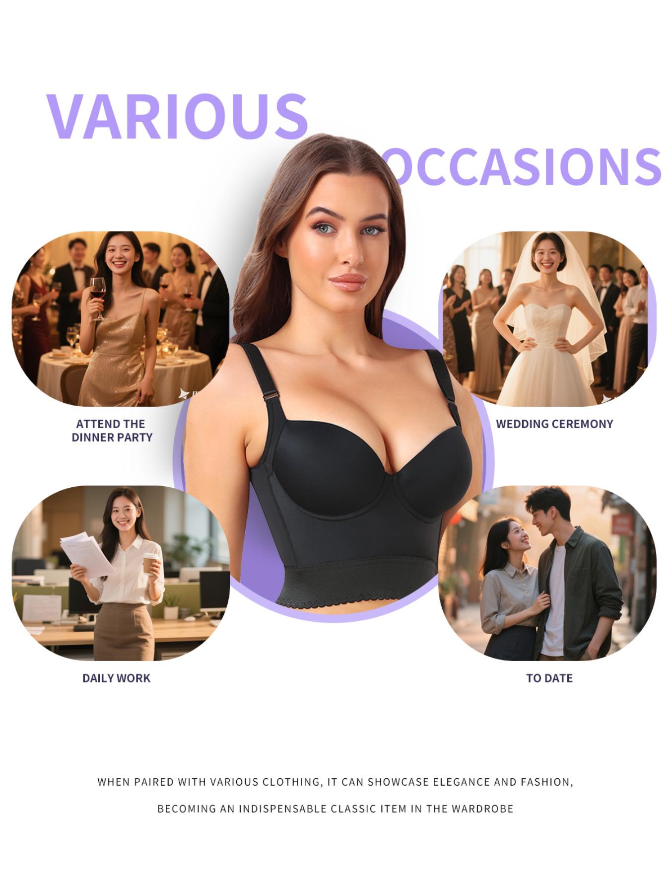 Women's Longline Push-Up Bra, Tummy Control Wireless Backless Beauty Back Bra, Slim-Fitting Medium Support All Season Supportive Bra