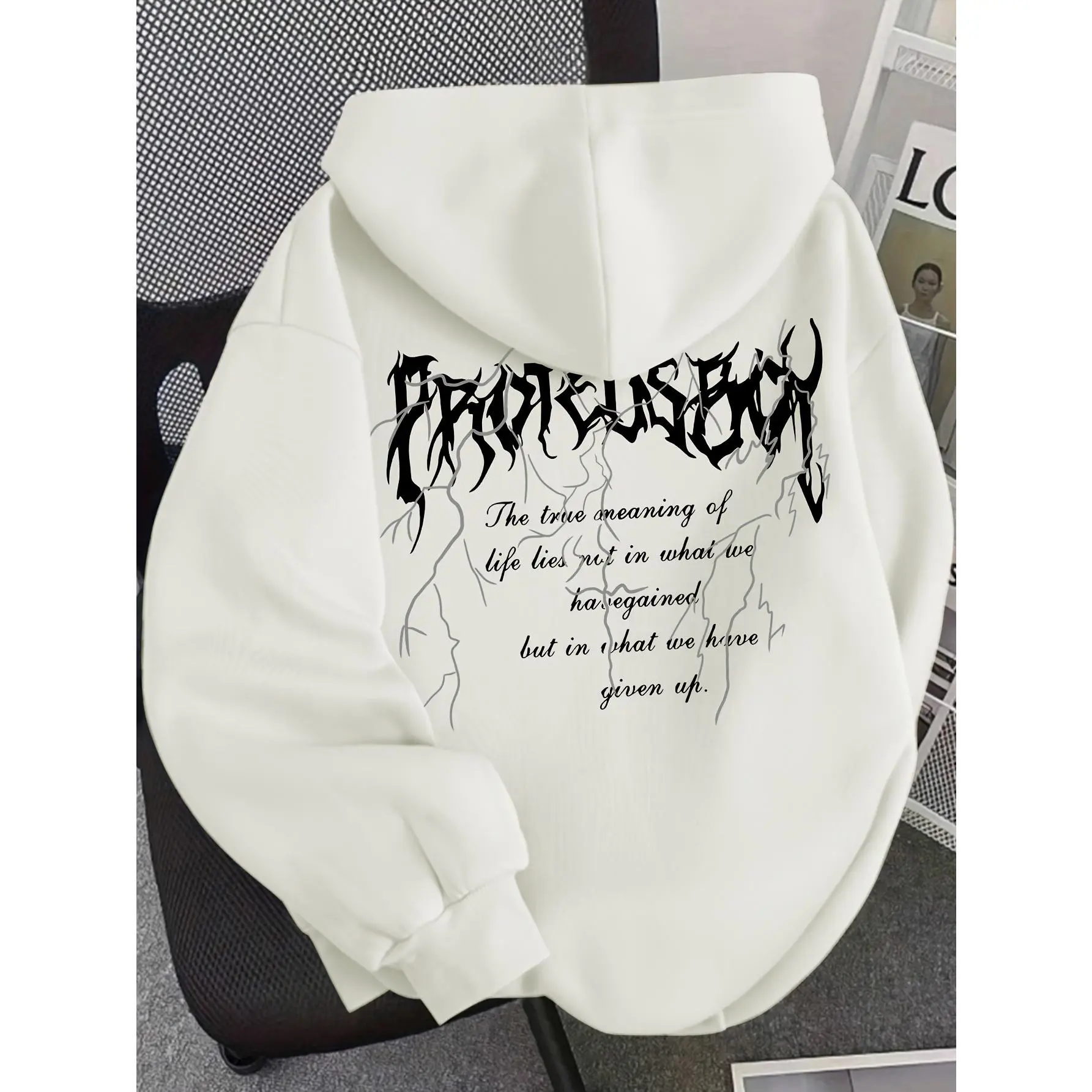 Death Metal Font Front & Back Print Hoodie Dark Lightning Crack Inspirational Quote Graphic Pullover Sweatshirt Oversized Loose‑fit Black And Pure‑white Long‑sleeve Hooded Top Punk Metal Subculture Edgy Street‑wear Outerwear