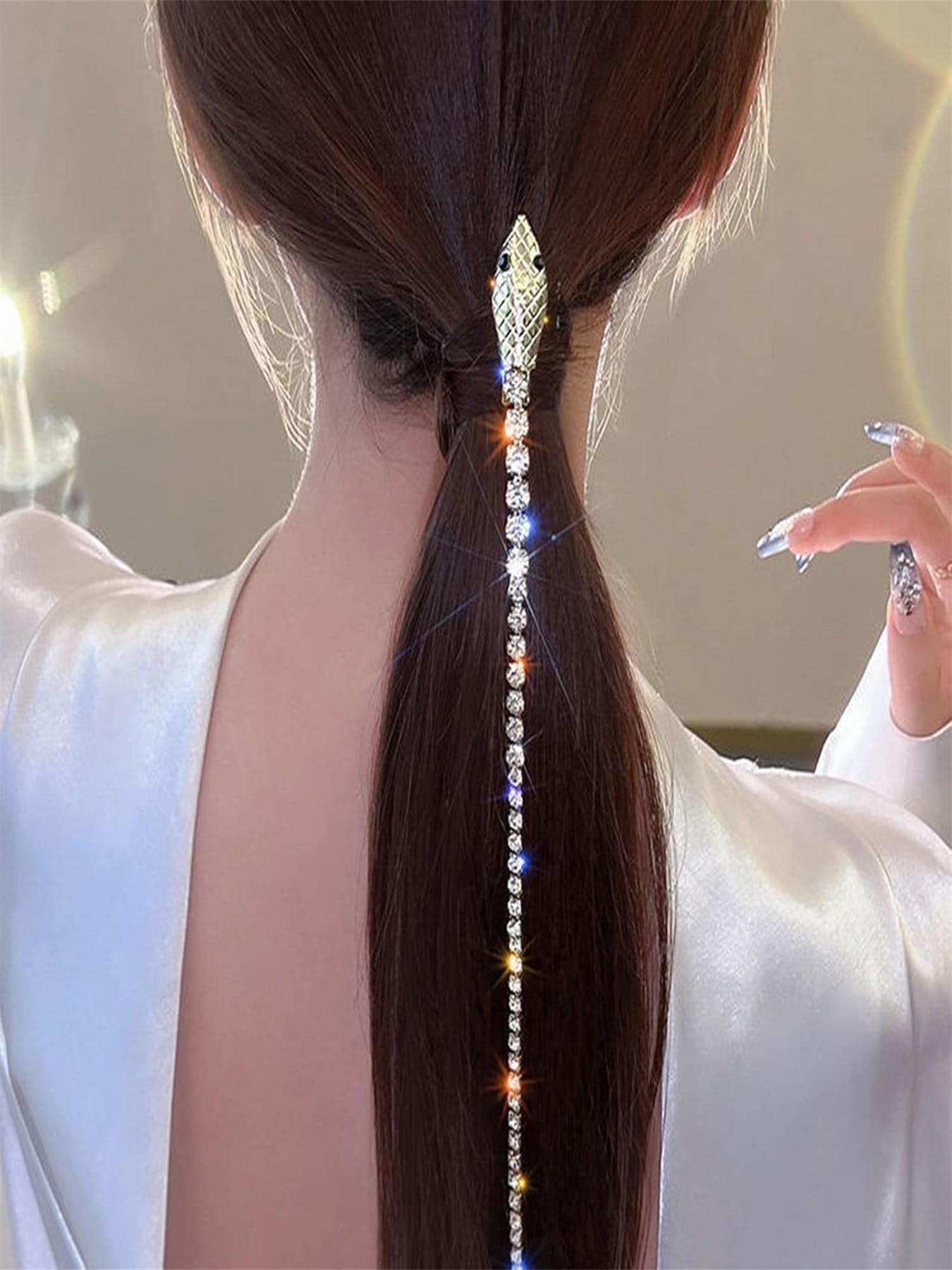 Niceneeded 2 Pcs Rhinestone Snake Hair Chain, Punk Crystal Tassel Hair Clip Chain, 50.8cm Long Rhinestone Decorative Hair Accessory for Women Halloween