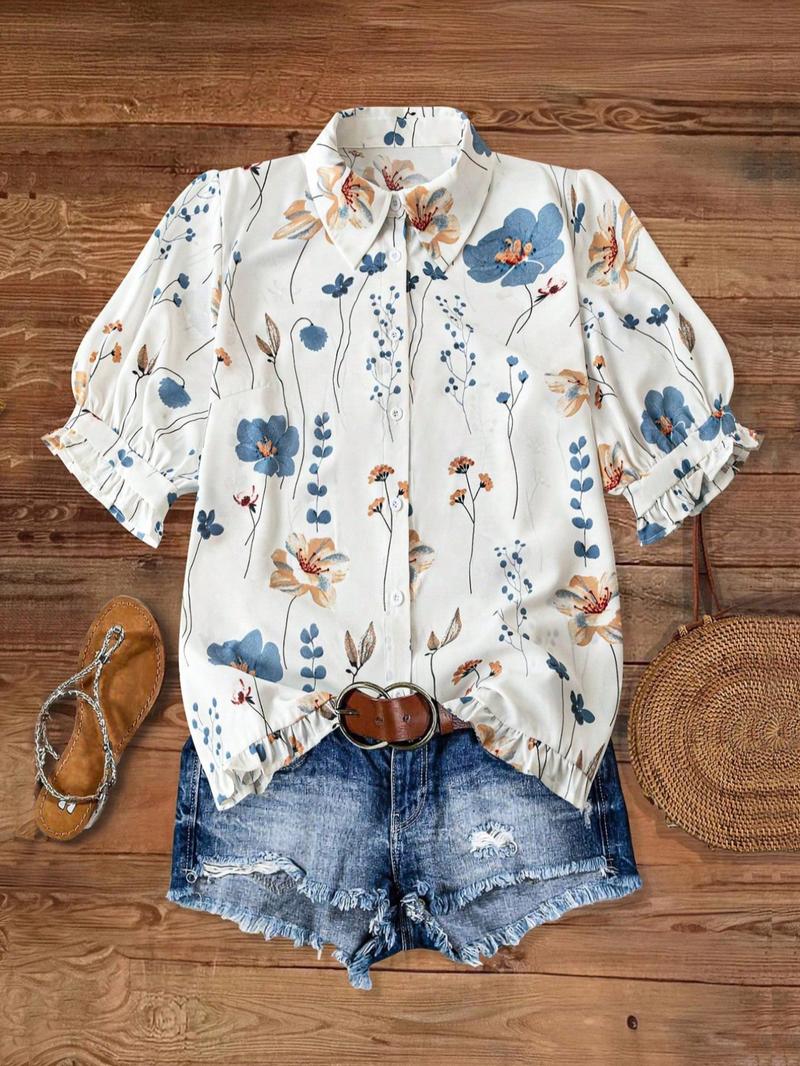Women's Floral Print Shirt, Casual Short Sleeve Collar Top for Summer, Women's Clothing for Daily Wear