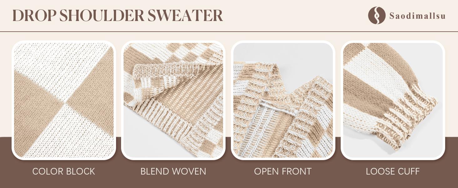 Saodimallsu Womens Checkered Sweater Color Block Plaid Cardigans Oversized Long Sleeve Knit Open Front Coats