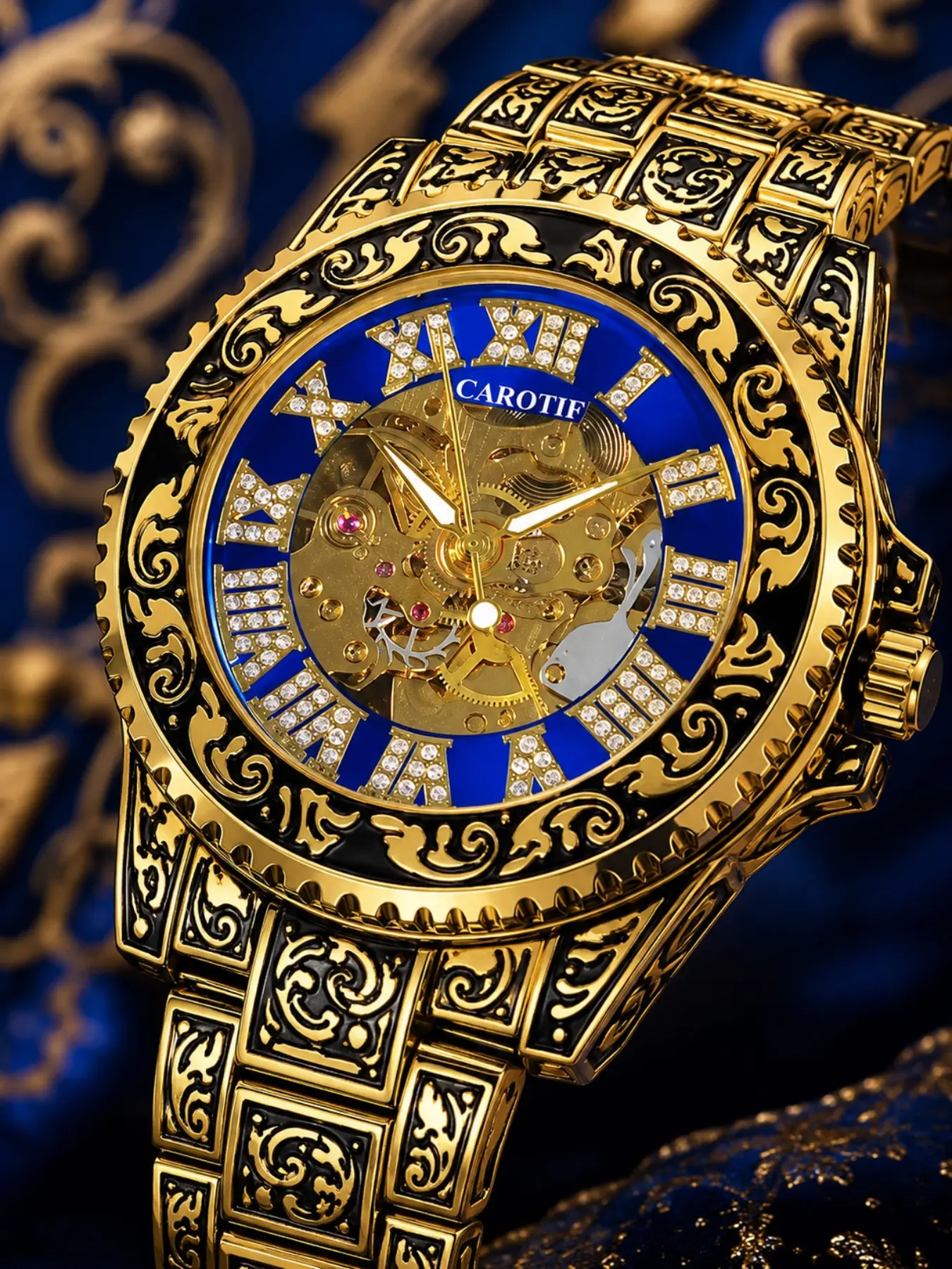 Stainless Steel Watch, Royal Blue Dial, Elegant Engraving & Diamond Markers, Visible Mechanical Movement, All Seasons