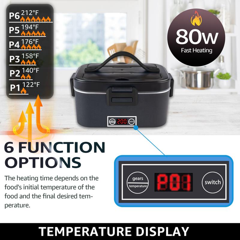 Nifogo Electric Lunch Box Food Heater for Adults, 12V/24V/110V Portable Heated Lunch Box with Fork & Spoon, Insulated Carry Bag - Springtok Tableware Warmer 80W/1.8L/Black+Black 80W/1.8L/Black+Black lunch box kids bento box 80W/1.5L/Black