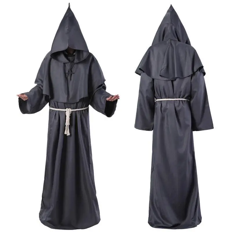 Halloween Medieval Monk Robe Cosplay Costume Black Wizard Priest Cloak Hooded Cape and Robe with Cross Necklace Accessories Suit