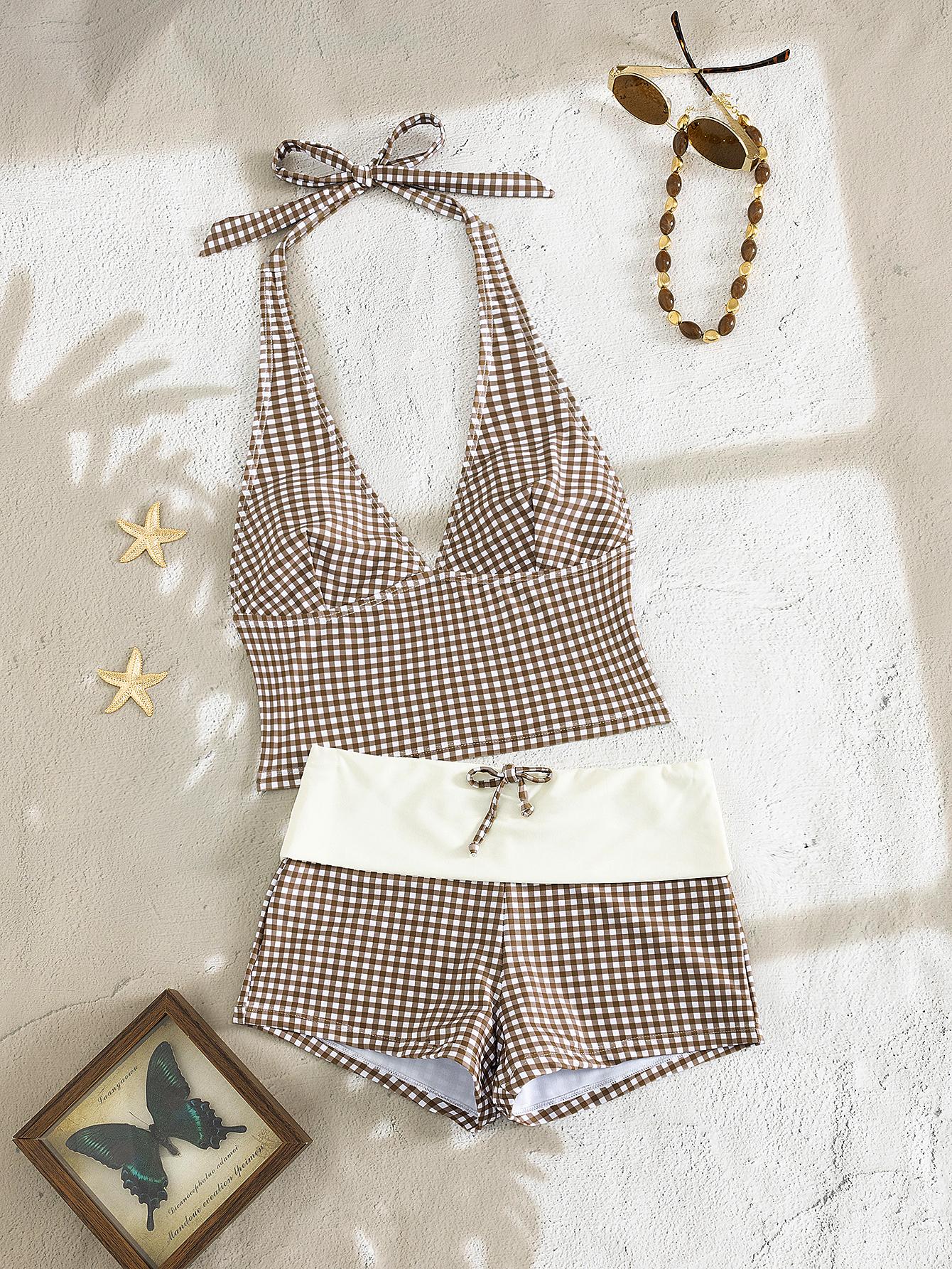 PEPPERMOLLY Women's 2-Piece Plaid Bikini Set - 2026 Spring/Summer Retro Sportswear Halter Top Swimsuit, for Luxury Beach Vacation, Pool Party, Halter Tops, 2 Piece Sets