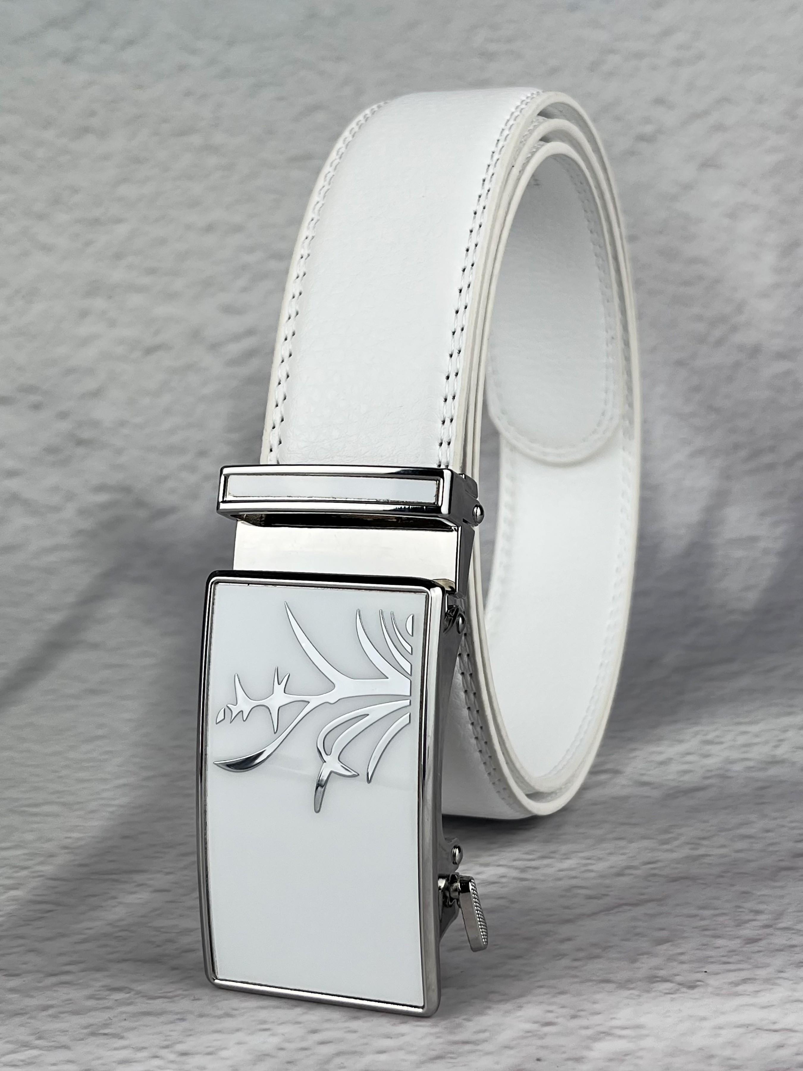 Men's and women's white alloy automatic buckle, 3.5cm/1.38in wide ratcheting slot white belt, elegant and stylish, suitable for daily commuting, outings, dates, and leisure vacations.